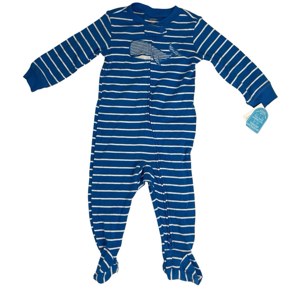 Carters Whale Striped One Piece Full 2 Way Zipper Footed Pajamas Size 9M NWT